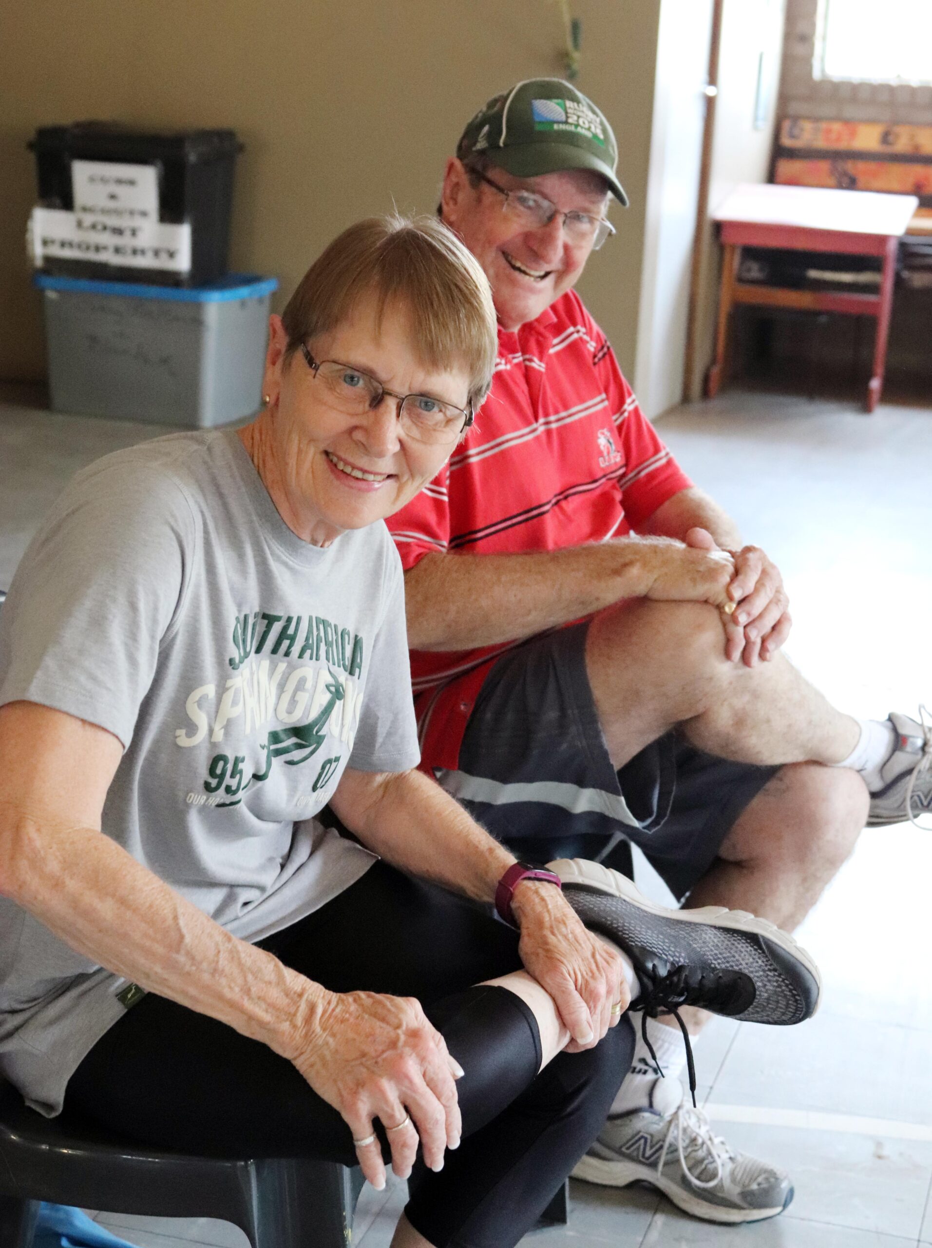 Two older adults enjoying a Silver Fit exercise class after becoming active later in life.